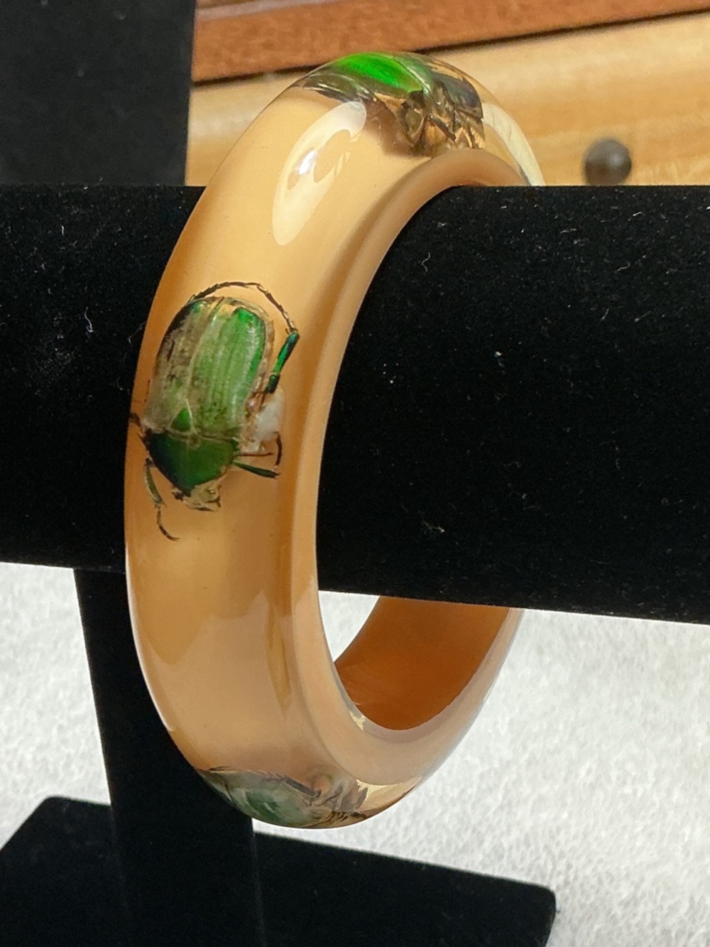 Vintage Beige Resin Bangle with Green Beetle Inlays